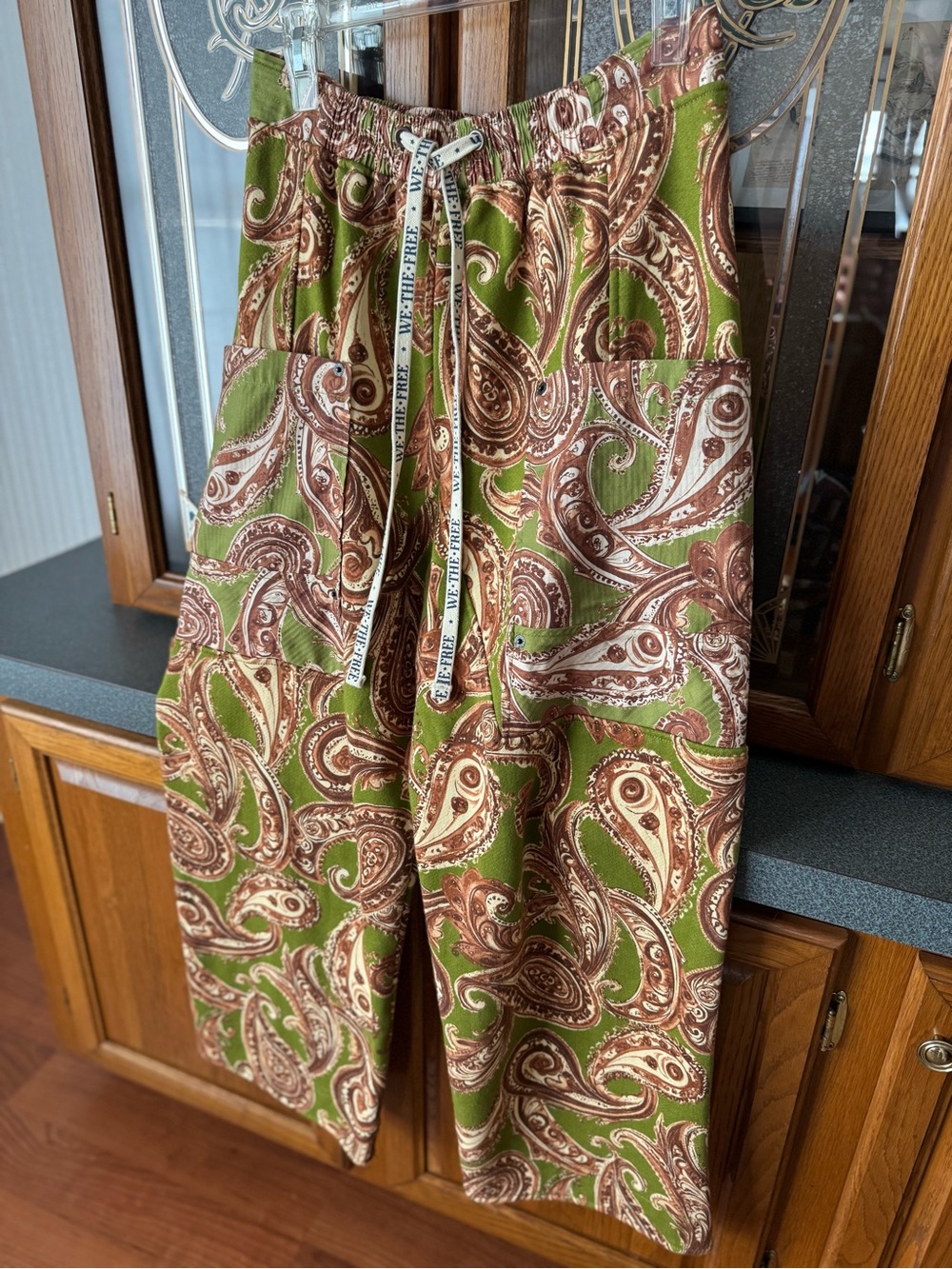 We The Free Olive Green and Brown Paisley Drawstring Wide-Leg Pants
